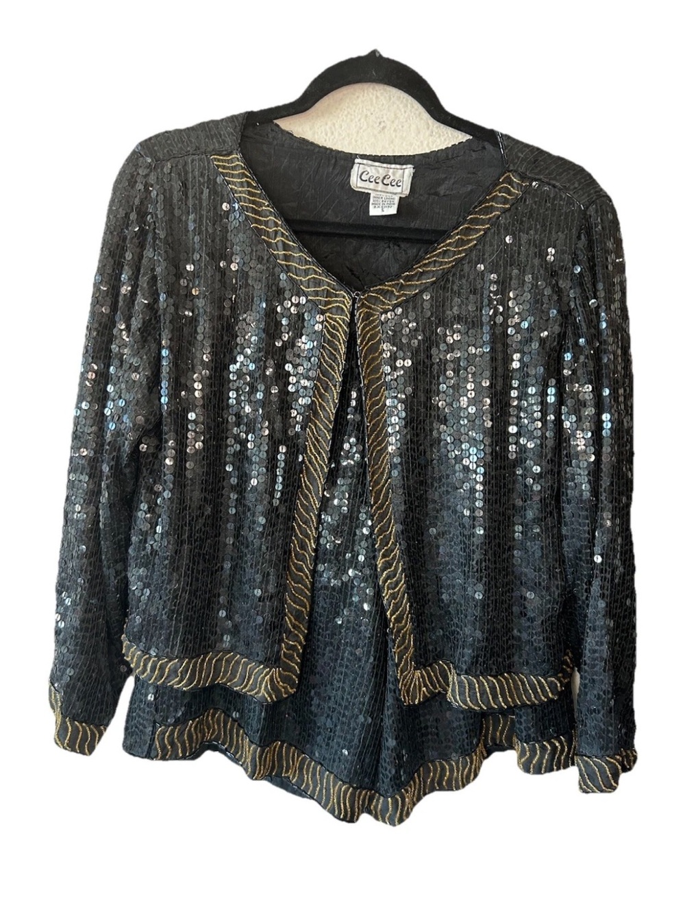 Vintage 1980’s Silk Sequin Beaded 2 Pc Set Jacket Shorts Black Gold S Glamour - Picture 8 of 12